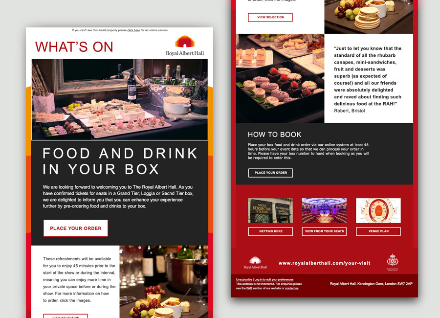 Email design for Box food services Royal Albert Hall